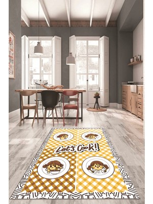 Evdeya Lets Cook Yazılı Yıkanabilir Kaymaz Taban Modern Mutfak Halısı, Mutfak-36-Kahve,