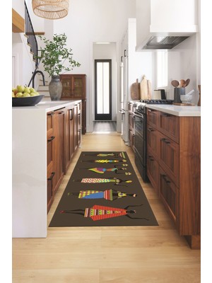 Evdeya Etnik Motifli Modern Kaymaz Taban Yıkanabilir Mutfak Halısı, Mutfak-40-Vizon,