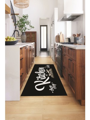 Evdeya Kitchen Yazılı Modern Kaymaz Taban Yıkanabilir Mutfak Halısı, Mutfak-41-Siyah,