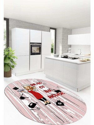 Evdeya Dijital Baskılı Kaymaz Taban Yıkanabilir Renkli Desenli Oval Mutfak Halısı, O-Mutfak-39-Kırmızı,