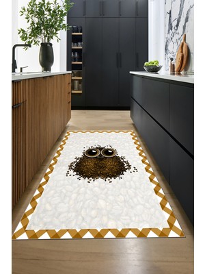 Evdeya Baykuş Desenli Çerçeveli Kaymaz Yıkanabilir Şık Mutfak Halısı, Mutfak-46-Kahve,