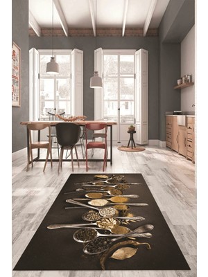 Evdeya Baharat Temalı Kaymaz Taban Yıkanabilir  Modern Mutfak Halısı, Mutfak-33-Kahve,