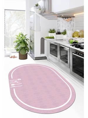 Evdeya Dijital Baskılı Kaymaz Yıkanabilir Sade Çerçeveli Oval Mutfak Halısı, O-Mutfak-06-Pembe,