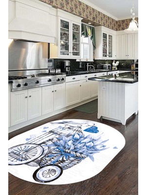 Evdeya Dijital Baskılı Kaymaz Taban Bisiklet Çiçek Desenli Oval Mutfak Halısı, O-Mutfak-21-Mavi,