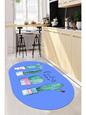 Evdeya Dijital Baskılı Kaymaz Taban Kaktüs Desenli Yıkanabilir Oval Mutfak Halısı, O-Mutfak-30-Mavi,