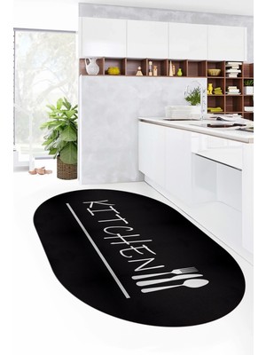 Evdeya Kitchen Yazılı Kaşık Çatal Bıçak Desenli Yıkanabilir Oval Mutfak Halısı, O-Mutfak-49-Siyah,
