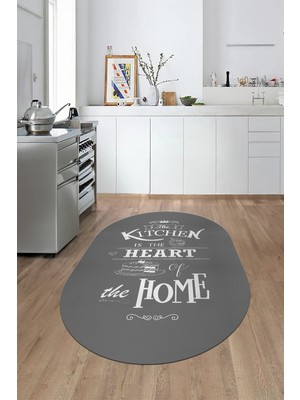 Evdeya Kitchen Home Yazılı Kaymaz Taban Yıkanabilir Oval Mutfak Halısı, O-Mutfak-15-Gri,