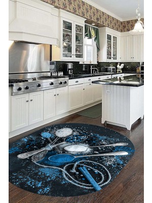 Evdeya Dijital Baskılı Kaymaz Taban Kaşık Baharat Desenli Oval Mutfak Halısı, O-Mutfak-19-Mavi,