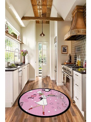 Evdeya Dijital Yıkanabilir Kaymaz Kitchen Yazılı Aşçı Yuvarlak Mutfak Halısı, Y-Mutfak-03-Pembe,