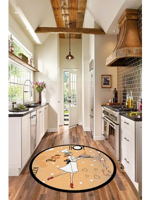 Evdeya Dijital Yıkanabilir Kaymaz Kitchen Yazılı Aşçı Yuvarlak Mutfak Halısı, Y-Mutfak-03-Turuncu,
