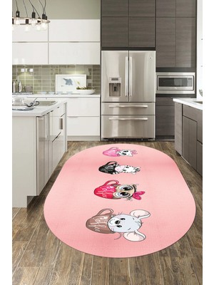 Evdeya Sevimli Hayvanlar Fincan Desenli Yıkanabilir Oval Mutfak Halısı, O-Mutfak-07-Pembe,