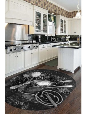 Evdeya Dijital Baskılı Kaymaz Taban Kaşık Baharat Desenli Oval Mutfak Halısı, O-Mutfak-19-Gri,