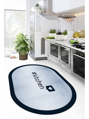 Evdeya Dijital Baskılı Yıkanabilir Kaymaz Kitchen Yazılı Çerçeveli Oval Mutfak Halısı, O-Mutfak-02-Mavi,