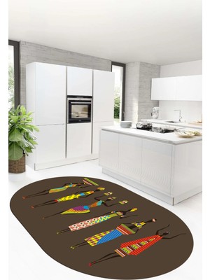 Evdeya Etnik Motifli Modern Kaymaz Taban Yıkanabilir Oval Mutfak Halısı, O-Mutfak-40-Vizon,