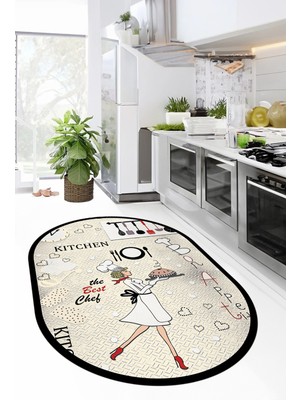 Evdeya Dijital Baskılı Yıkanabilir Kaymaz Kitchen Yazılı Aşçı Oval Mutfak Halısı, O-Mutfak-03-Krem,