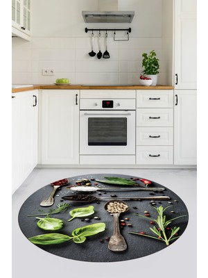 Evdeya 3D Dijital Baskılı Kaymaz Taban Baharat Temalı Yuvarlak Mutfak Halısı, Y-Mutfak-27-Renkli,