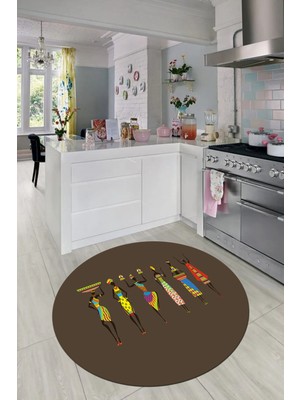 Evdeya Etnik Motifli Modern Kaymaz Taban Yıkanabilir Yuvarlak Mutfak Halısı, Y-Mutfak-40-Vizon,