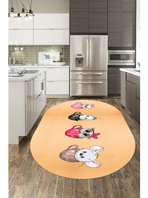 Evdeya Sevimli Hayvanlar Fincan Desenli Yıkanabilir Oval Mutfak Halısı, O-Mutfak-07-Turuncu,