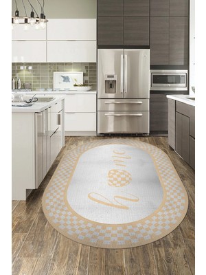Evdeya Dijital Baskılı Kaymaz Yıkanabilir Home Yazılı Oval Mutfak Halısı, O-Mutfak-12-Krem,