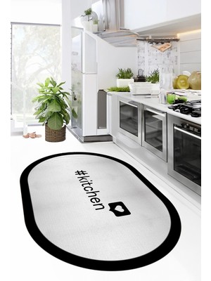 Evdeya Dijital Baskılı Yıkanabilir Kaymaz Kitchen Yazılı Çerçeveli Oval Mutfak Halısı, O-Mutfak-02-Siyah,