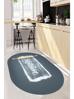 Evdeya Kitchen Yazılı Merdane Desenli Yıkanabilir Oval Mutfak Halısı, O-Mutfak-28-Gri,