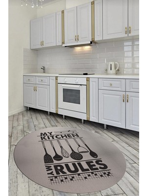Evdeya Kitchen Rules Yazılı Kaşık Desen Yıkanabilir Yuvarlak Mutfak Halısı, Y-Mutfak-47-Vizon,