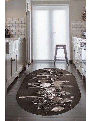 Evdeya Baharat Temalı Kaymaz Taban Yıkanabilir  Modern Oval Mutfak Halısı, O-Mutfak-33-Vizon,