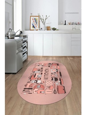 Evdeya Dijital Baskılı Kaymaz Taban Yıkanabilir Modern Oval Mutfak Halısı, O-Mutfak-17-Pembe,