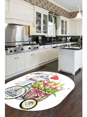 Evdeya Dijital Baskılı Kaymaz Taban Bisiklet Çiçek Desenli Oval Mutfak Halısı, O-Mutfak-21-Renkli,