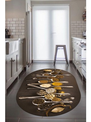 Evdeya Baharat Temalı Kaymaz Taban Yıkanabilir  Modern Oval Mutfak Halısı, O-Mutfak-33-Kahve,