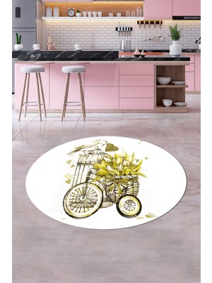 Evdeya Dijital Baskılı Kaymaz Taban Bisiklet Çiçek Desenli Yuvarlak Mutfak Halısı, Y-Mutfak-21-Sarı,