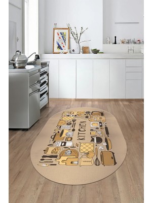 Evdeya Dijital Baskılı Kaymaz Taban Yıkanabilir Modern Oval Mutfak Halısı, O-Mutfak-17-Kahve,