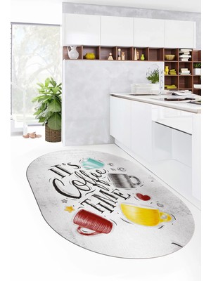 Evdeya Coffee Yazılı Renkli Fincan Desenli Yıkanabilir Kaymaz Oval Mutfak Halısı, O-Mutfak-44-Renkli,