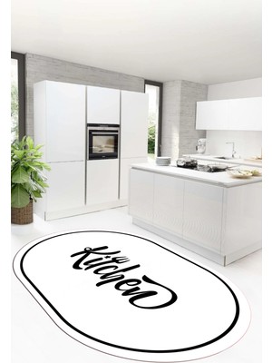 Evdeya Kitchen Yazılı Çerçeveli Kaymaz Taban Yıkanabilir Oval Mutfak Halısı, O-Mutfak-42-Beyaz,