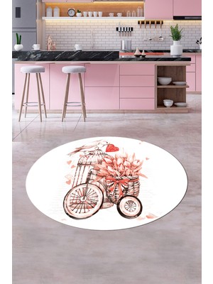 Evdeya Dijital Baskılı Kaymaz Taban Bisiklet Çiçek Desenli Yuvarlak Mutfak Halısı, Y-Mutfak-21-Kırmızı,