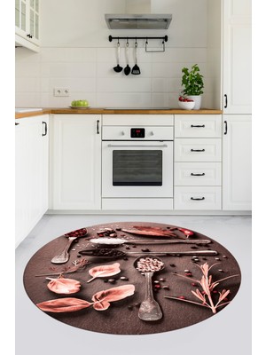 Evdeya 3D Dijital Baskılı Kaymaz Taban Baharat Temalı Yuvarlak Mutfak Halısı, Y-Mutfak-27-Pembe,
