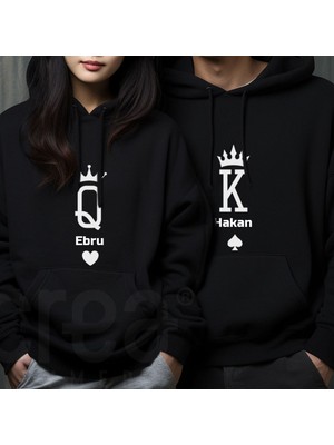 Crea Eymer Wear Sevgililer Günü Çift Kombini Isime Özel King Queen Baskılı 3 Iplik Siyah Sevgililer Günü Sweatshirt