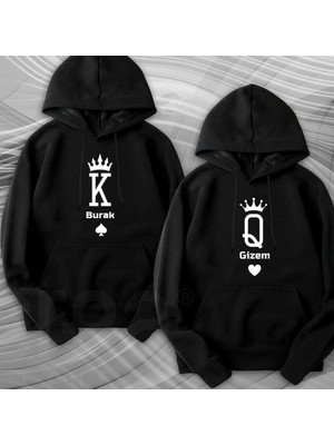 Crea Eymer Wear Sevgililer Günü Çift Kombini Isime Özel King Queen Baskılı 3 Iplik Siyah Sevgililer Günü Sweatshirt