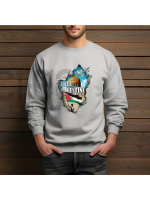 Crea Eymer Wear Özgür Filistin Illüstratif Baskılı Oversize 3 Iplik Hoodie Sweatshirt