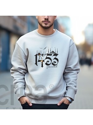 Crea Eymer Wear Fetih 1453 Illüstratif Baskılı Oversize 3 Iplik Hoodie Sweatshirt Gri