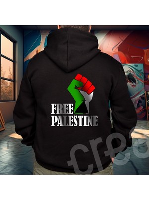 Crea Eymer Wear Filistin Özgür Tasarım Baskılı Oversize Hoodie Sweatshirt Siyah