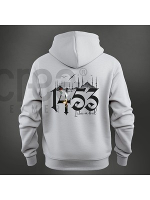 Crea Eymer Wear 1453 Istanbul Fetih Tasarım Baskılı Oversize Hoodie Sweatshirt Gri