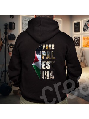 Crea Eymer Wear Filistin Özgür Tasarım Baskılı Oversize Hoodie Sweatshirt Siyah