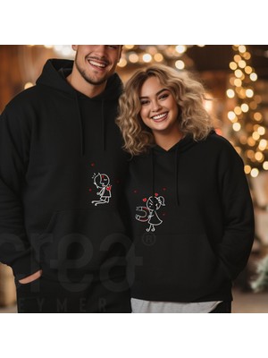 Crea Eymer Wear 14 Şubat Sevgililer Günü Çift Kombini Tema Baskılı 3 Iplik Siyah Sevgililer Günü Sweatshirt