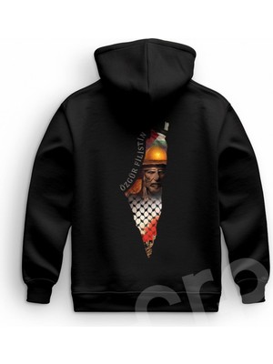 Crea Eymer Wear Filistin Özgür Tasarım Baskılı Oversize Hoodie Sweatshirt Siyah