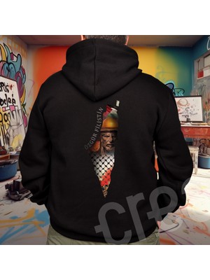 Crea Eymer Wear Filistin Özgür Tasarım Baskılı Oversize Hoodie Sweatshirt Siyah