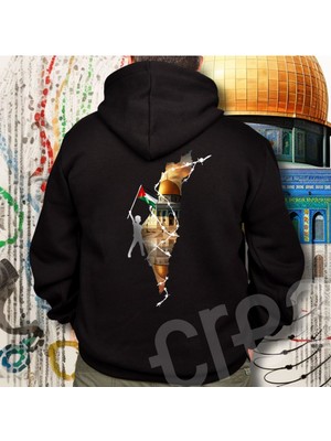 Crea Eymer Wear Filistin Özgür Tasarım Baskılı Oversize Hoodie Sweatshirt Siyah