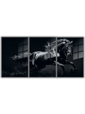 Temperli Gerçek Cam Tablo Seti Siyah Asil Friesian At Görseli