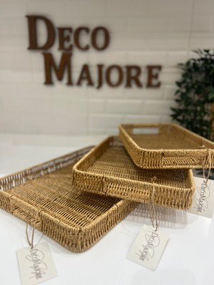 Decomajore Rattan Tepsi, Dekoratif Tepsi, Organizer, Düzenleyici Tepsi, Sunum Tepsi Rattan 3'lü Tepsi Set