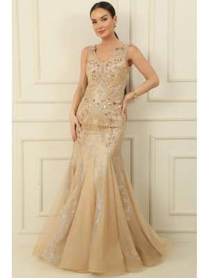 By Saygı Pul ve Boncuklu Astarlı Arkası Bağlamalı Simli Uzun Balık Elbise